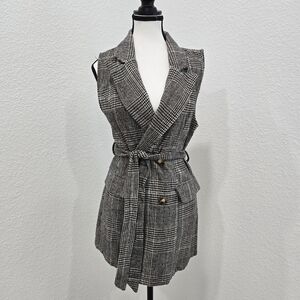 Shein Flannel Vest Gray Cardigan Striped Wrap Tie Size Small